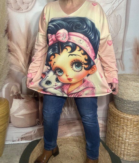 Top manches longues beige Betty Boop & son chat doublé fine polaire du 40 au 54/56   