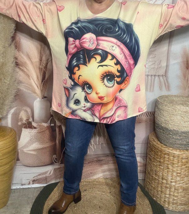 Top manches longues beige Betty Boop & son chat doublé fine polaire du 40 au 54/56   
