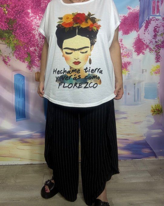 Tee-shirt ample blanc Frida Kahlo couronne de fleurs du 38 au 50/52 