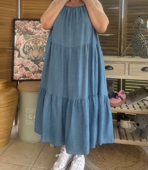 Robe trapèze mi-longue jeans fin Tencel fines bretelles du 40 au 52
