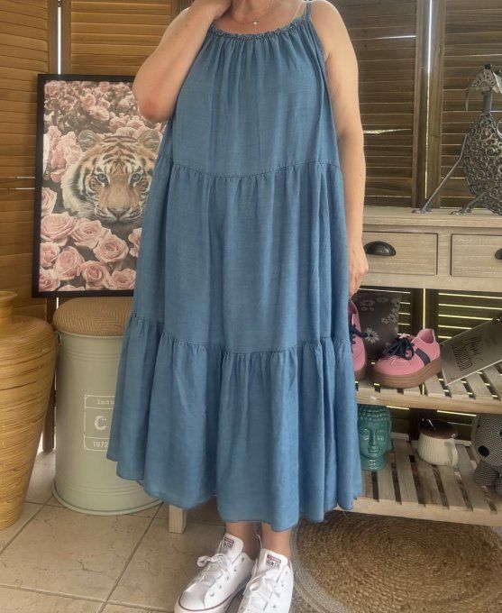 Robe trapèze mi-longue jeans fin Tencel fines bretelles du 40 au 52