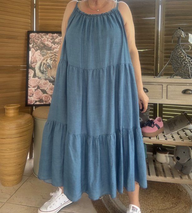 Robe trapèze mi-longue jeans fin Tencel fines bretelles du 40 au 52