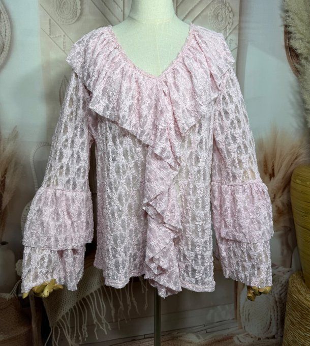 Blouse trapèze col jabot dentelle rose layette manches pagodes confort +++  du 40 au 50/52