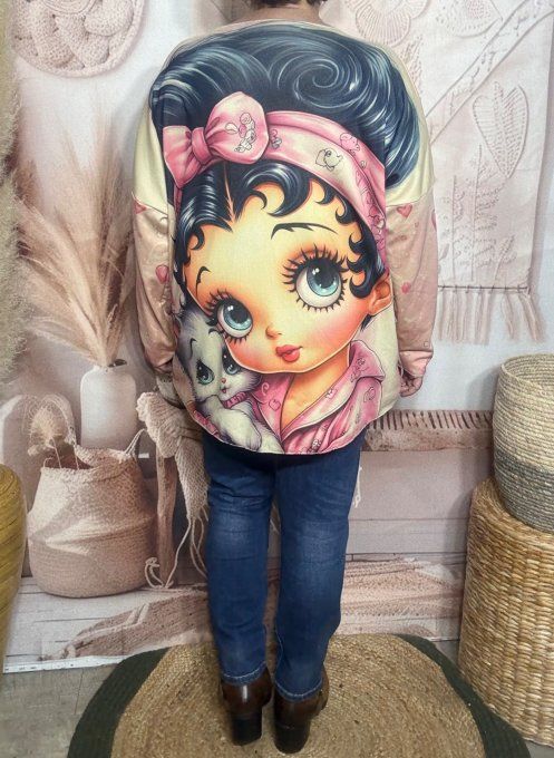 Top manches longues beige Betty Boop & son chat doublé fine polaire du 40 au 54/56   