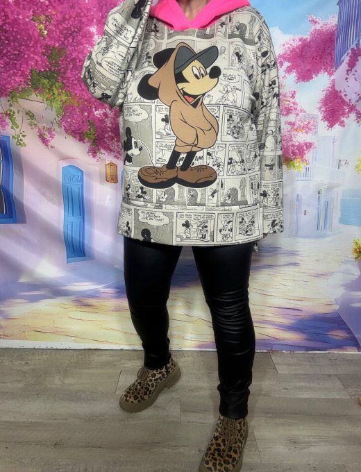 Sweat à capuche rose Fluo beige Mickey Mouse BD Comics Rétro douceur +++ du 38 au 48