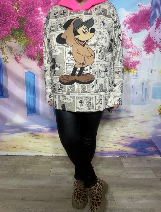 Sweat à capuche rose Fluo beige Mickey Mouse BD Comics Rétro douceur +++ du 38 au 48