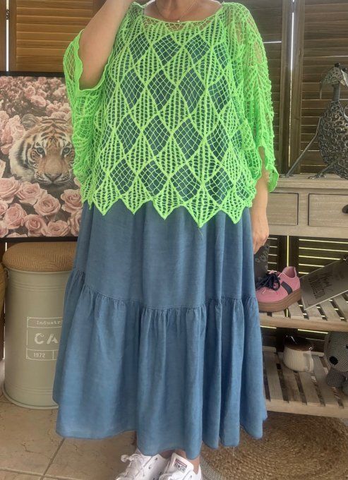 Pull d'été ample maille crochet broderie losanges vert fluo du 40 au 50 