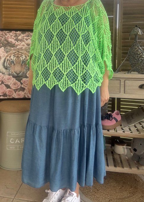 Pull d'été ample maille crochet broderie losanges vert fluo du 40 au 50 