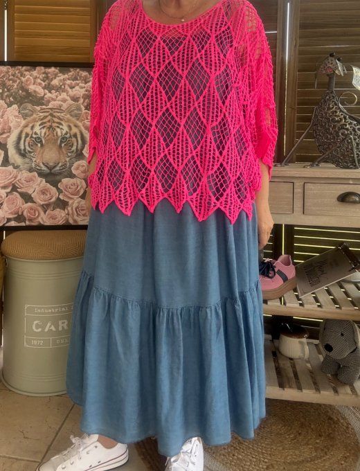 Pull d'été ample maille crochet broderie losanges rose fluo du 40 au 50