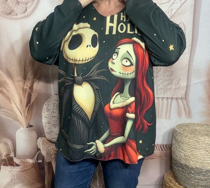 Top manches longues noir Jack & Sally Noël doublé fine polaire du 40 au 54/56