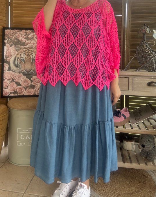 Pull d'été ample maille crochet broderie losanges rose fluo du 40 au 50