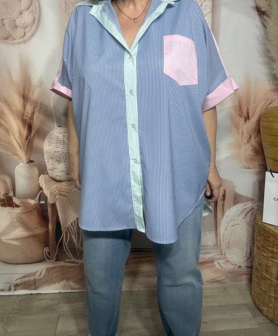 Chemise oversize asymétrique rayée marine + vert pastel + rose bonbon du 42 au 54