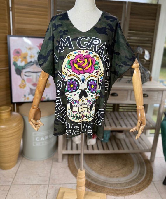 Top fin ample camouflage Mexican Skulls Calavera du 40 au 52