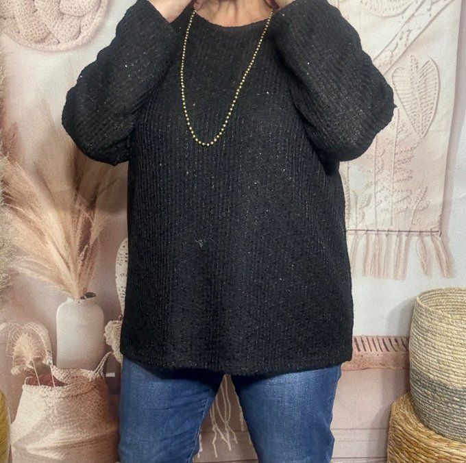 Pull fin noir paillettes et sequins noirs brillants du 38 au 50 