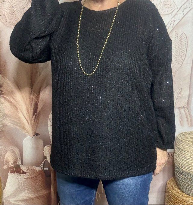 Pull fin noir paillettes et sequins noirs brillants du 38 au 50 