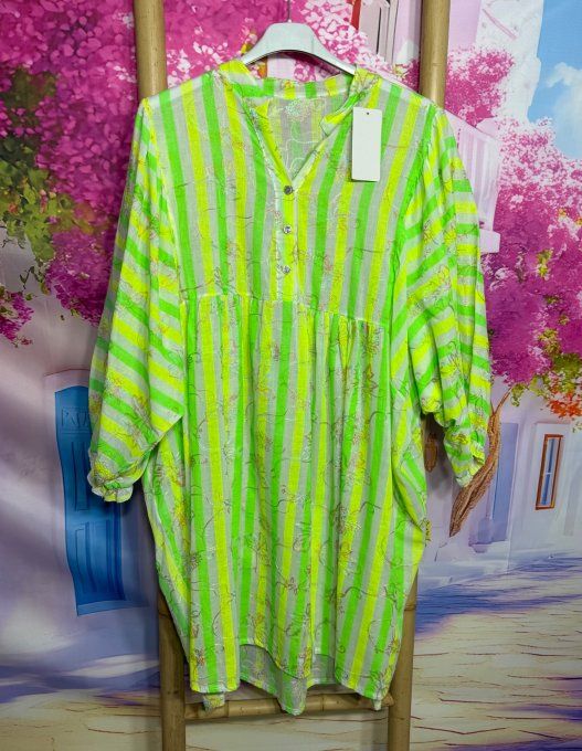Robe oversize courte coton blanc jaune vert fluo brodée fleurs manches longues du 42 au 52/54 