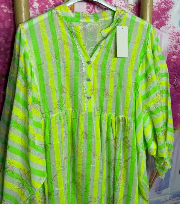 Robe oversize courte coton blanc jaune vert fluo brodée fleurs manches longues du 42 au 52/54 