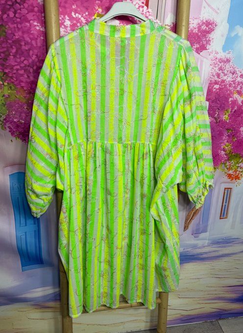 Robe oversize courte coton blanc jaune vert fluo brodée fleurs manches longues du 42 au 52/54 