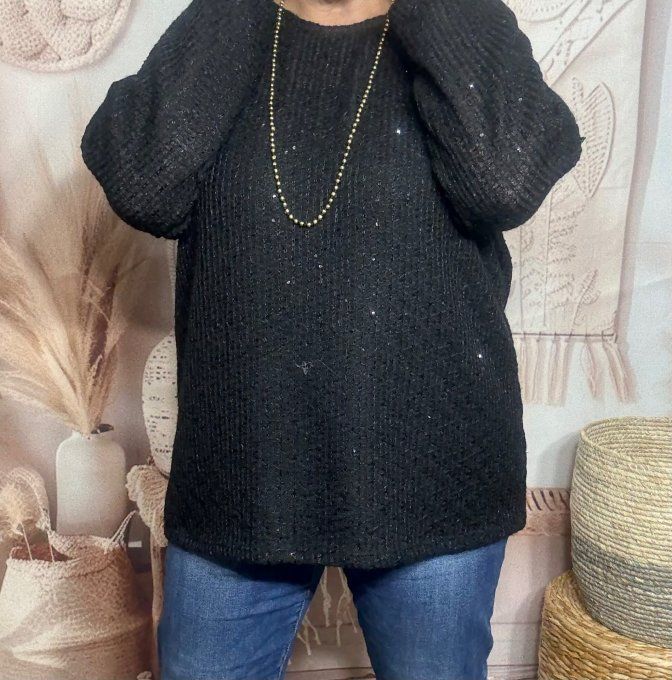 Pull fin noir paillettes et sequins noirs brillants du 38 au 50 