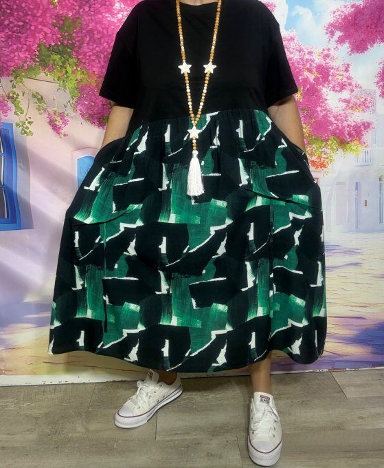 Robe trapèze mi-longue coton noir viscose vert émeraude Fly Out douceur +++ du 38 au 50