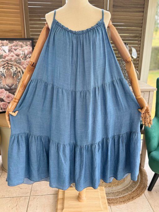 Robe trapèze mi-longue jeans fin Tencel fines bretelles du 40 au 52