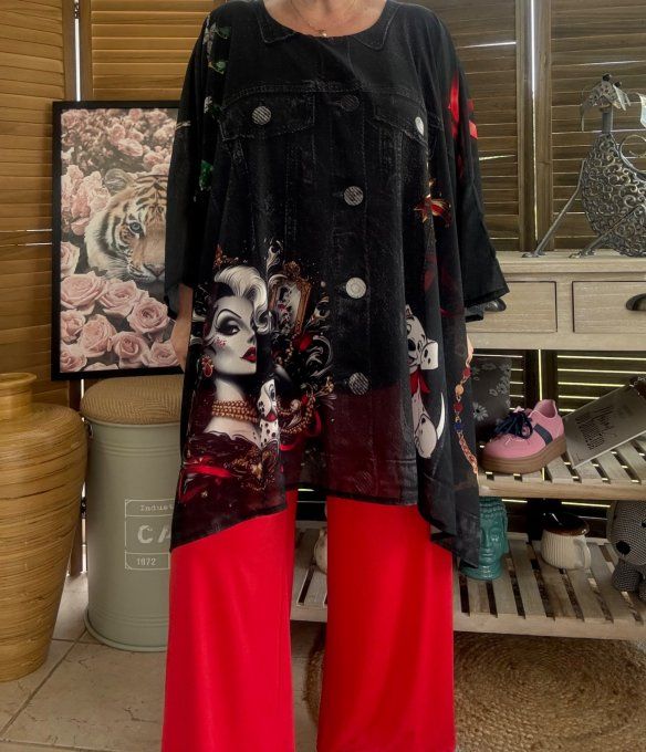 Tunique voile doublée oversize effet jeans noir Cruella et les Dalmatiens du 40 au 52