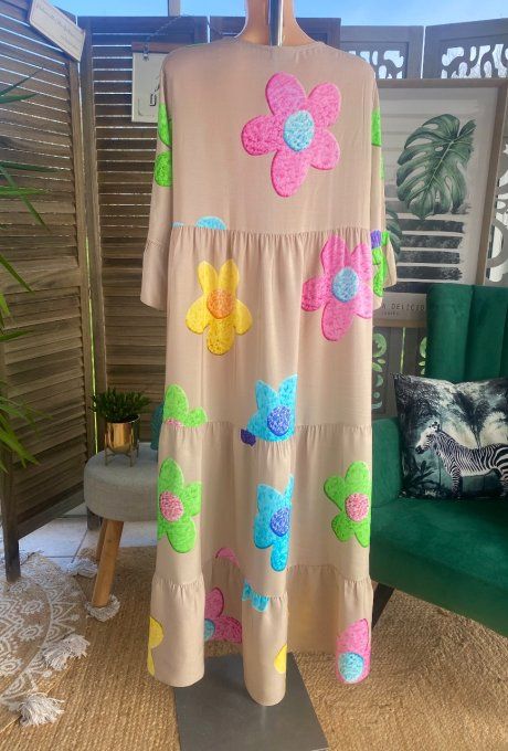 Robe trapèze longue ample taupe clair fleurs marguerites multicolores du 40 au 50