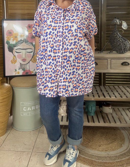 Chemise ample gaze de coton Léopard bleu royal & orange Fluo du 38 au 48 et même + si portée ouverte