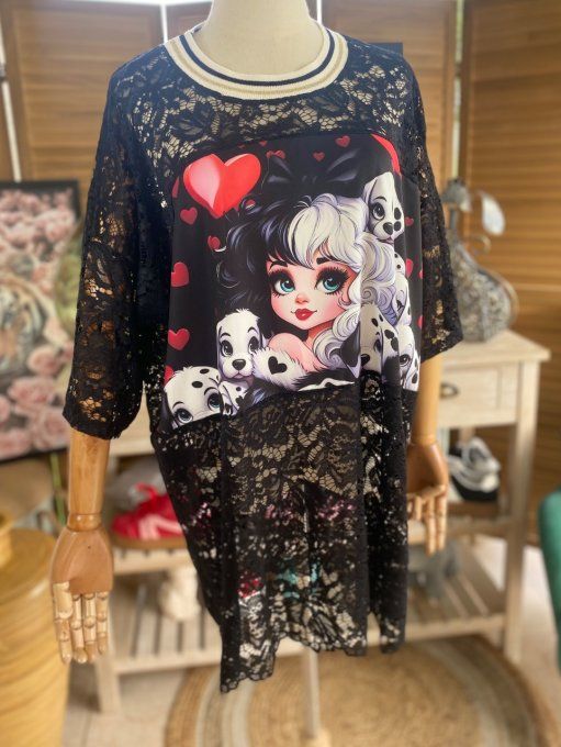 Tunique ample dentelle noire Cruella et les Dalmatiens du 40 au 50/52 