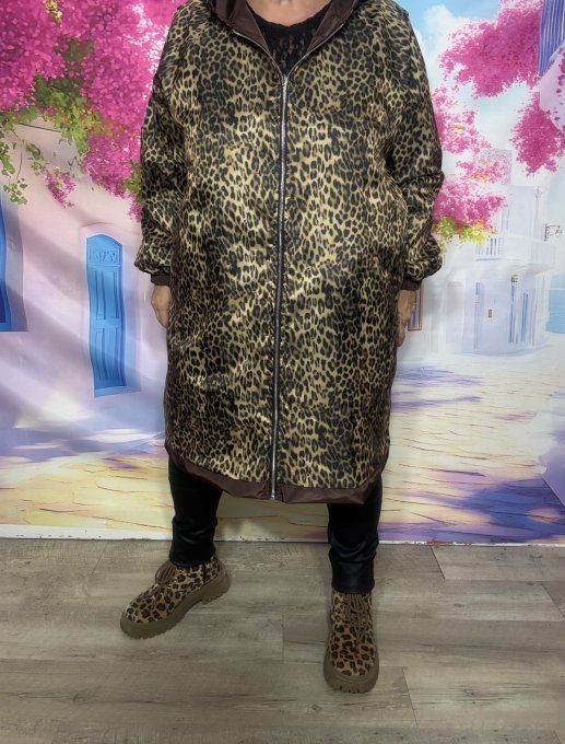 Coupe-vent imperméable à capuche long chocolat réversible Léopard camel du 38 au 52 et même +