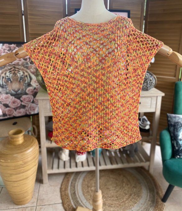 Pull de printemps ample maille filet Camaieu orange jaune prune du 38 au 46/48 