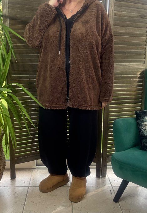 Gilet à capuche peluche Pilou-Pilou chocolat douceur +++ du 40 au 54/56 et même + 