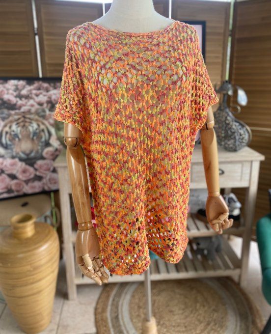 Pull de printemps ample maille filet Camaieu orange jaune prune du 38 au 46/48 