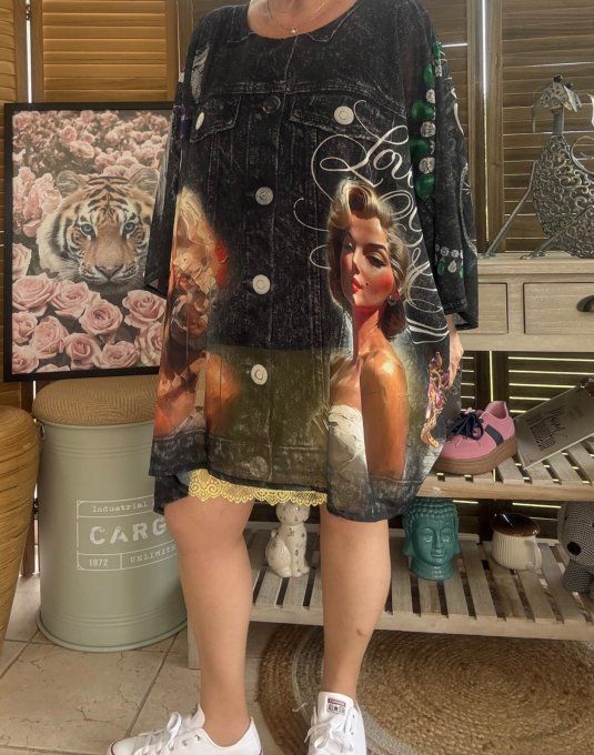 Tunique voile doublée oversize effet jeans noir Marylin Monroe du 40 au 52 