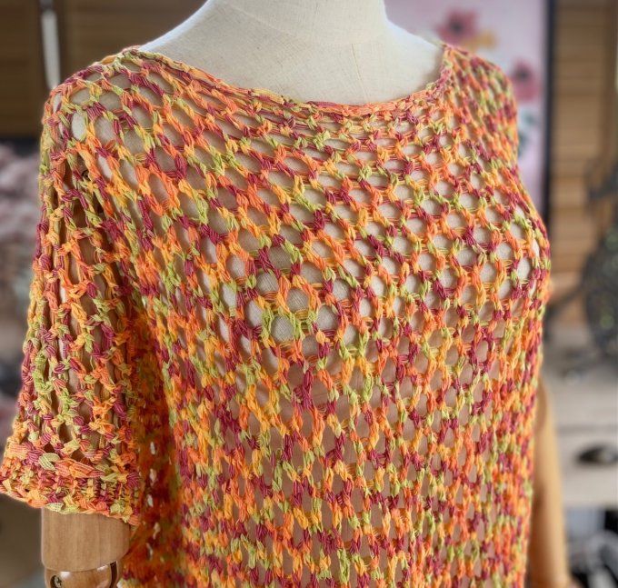 Pull de printemps ample maille filet Camaieu orange jaune prune du 38 au 46/48 