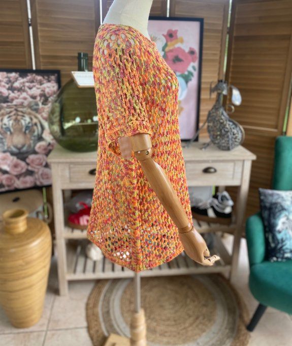 Pull de printemps ample maille filet Camaieu orange jaune prune du 38 au 46/48 