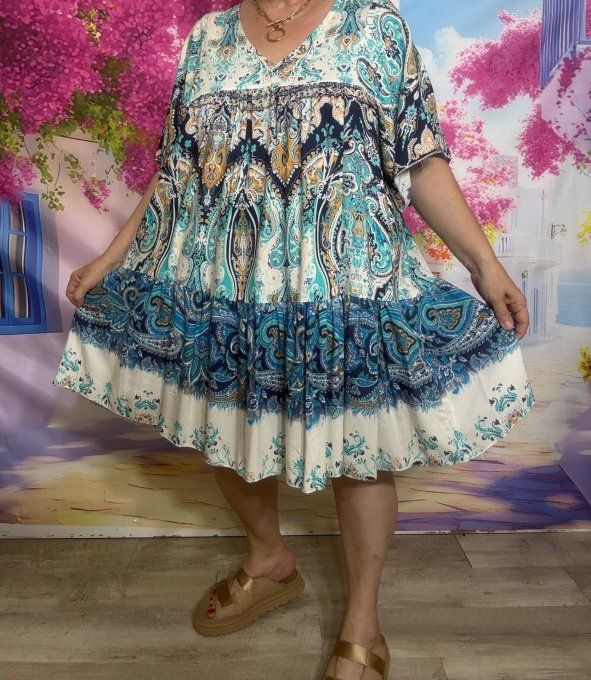 Robe trapèze courte écrue turquoise marine orangé fleurs & Motifs Cachemire du 38 au 48/50