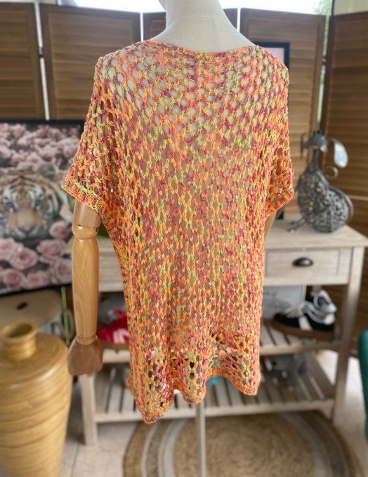 Pull de printemps ample maille filet Camaieu orange jaune prune du 38 au 46/48 