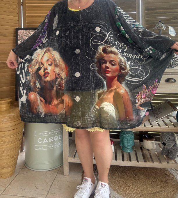 Tunique voile doublée oversize effet jeans noir Marylin Monroe du 40 au 52 
