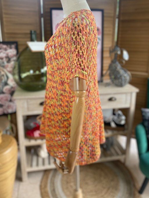 Pull de printemps ample maille filet Camaieu orange jaune prune du 38 au 46/48 