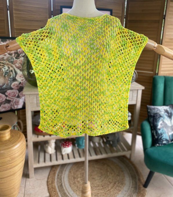 Pull de printemps ample maille filet Camaieu jaune vert du 38 au 46/48