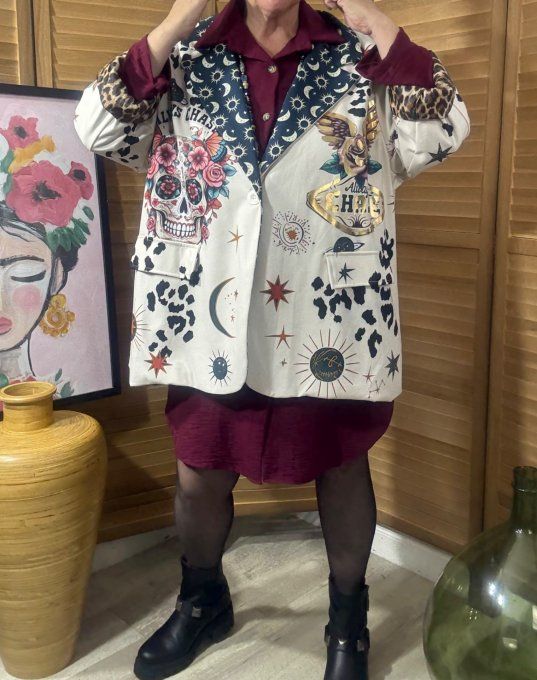 Veste blazer Mexican Skulls doublée Léopard du 42 au 52/54 et même + si portée ouverte 