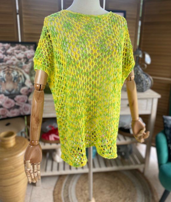 Pull de printemps ample maille filet Camaieu jaune vert du 38 au 46/48