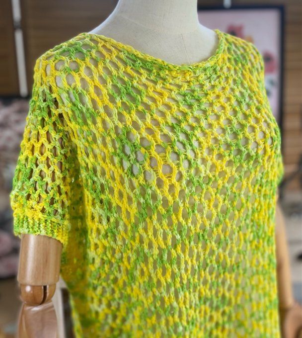 Pull de printemps ample maille filet Camaieu jaune vert du 38 au 46/48