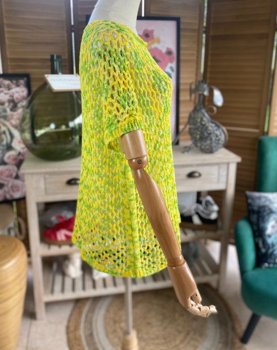 Pull de printemps ample maille filet Camaieu jaune vert du 38 au 46/48