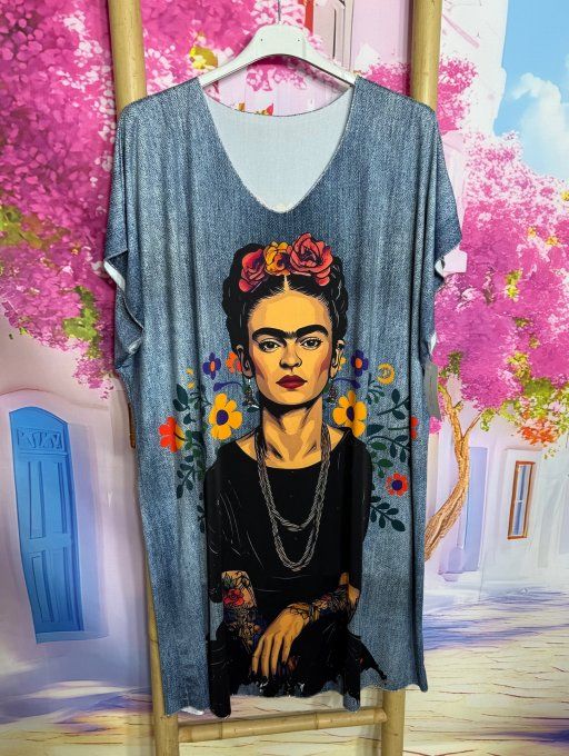 Robe droite oversize ou maxi-tunique lycra effet jeans Tattoo Frida Kahlo du 40 au 52 