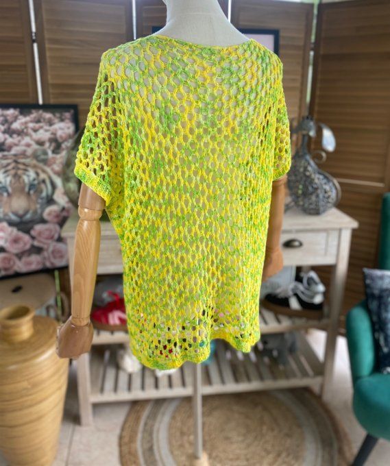 Pull de printemps ample maille filet Camaieu jaune vert du 38 au 46/48