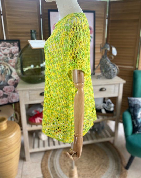 Pull de printemps ample maille filet Camaieu jaune vert du 38 au 46/48