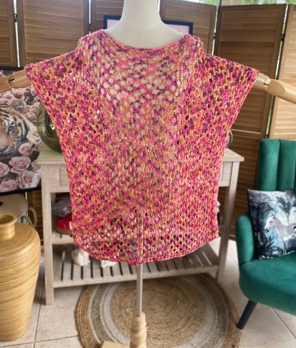 Pull d'été ample maille filet Camaieu Fuschia prune abricot du 38 au 46/48 