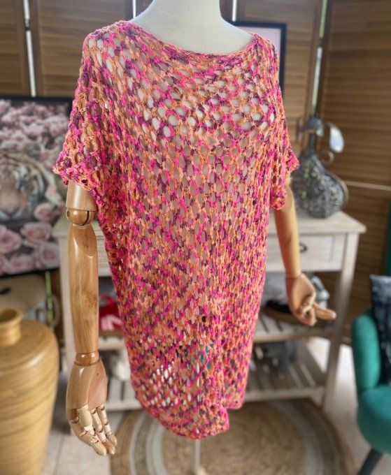 Pull d'été ample maille filet Camaieu Fuschia prune abricot du 38 au 46/48 